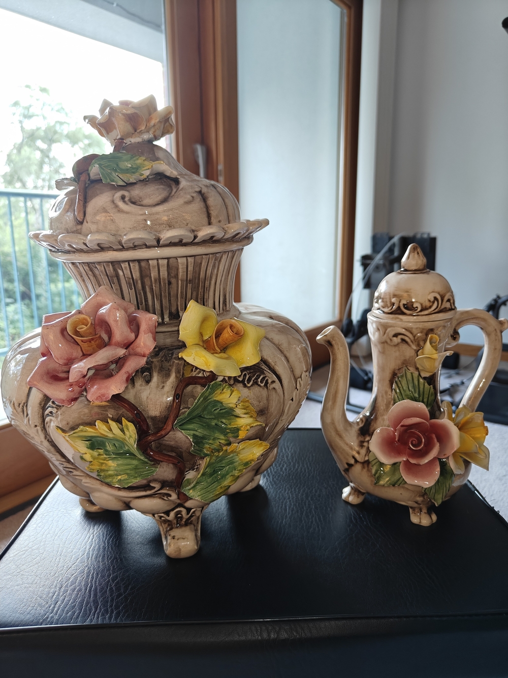Vintage Italian Capodimonte  center piece/Urn/Vase And Matching Tea Pot W/Lids